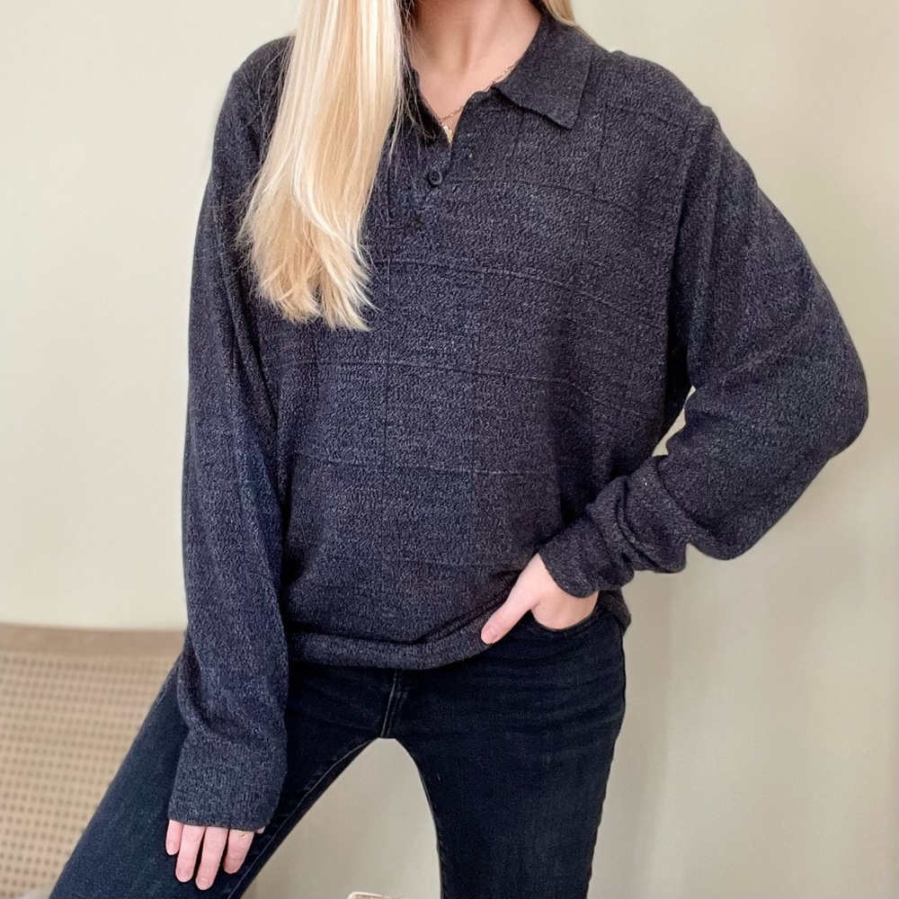 Vintage Checkered Grid Polo Neck Collared Henley Sweater in Charcoal
